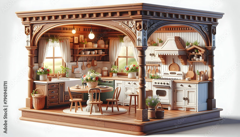 Traditional Heritage Kitchen with Floral Centerpiece and Classic Woodwork, 3D Icon