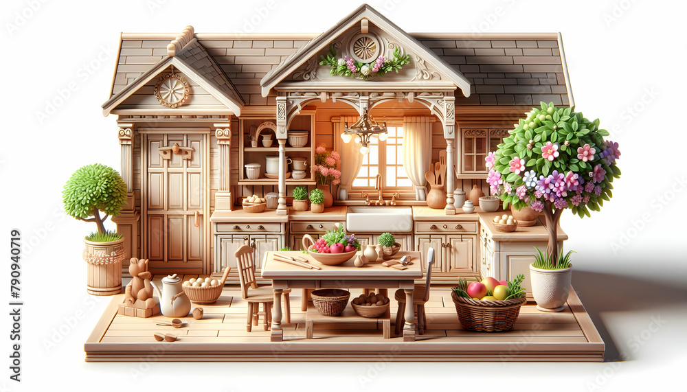 3D Icon: Traditional Homestead Kitchen with Classic Woodwork and Floral Centerpiece - Realistic Interior Design and Nature Photo Construction Concept