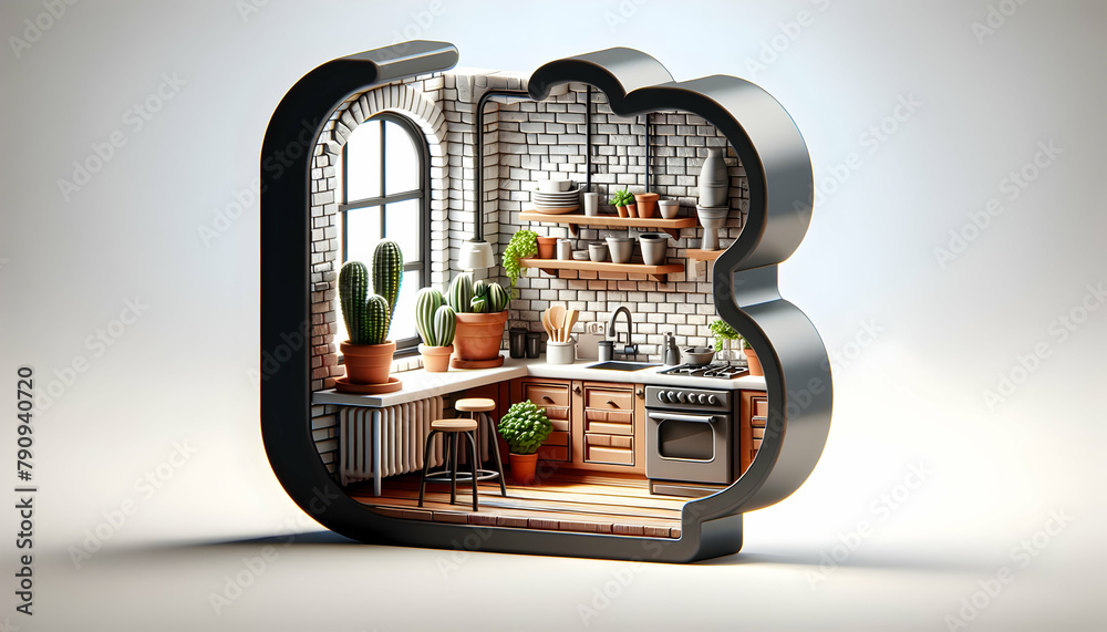Realistic 3D Industrial Kitchen Interior Design with Exposed Brick and Calming Cactus - Stock Photo