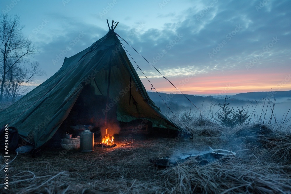 a tent sitting next to a fire pit on the ground