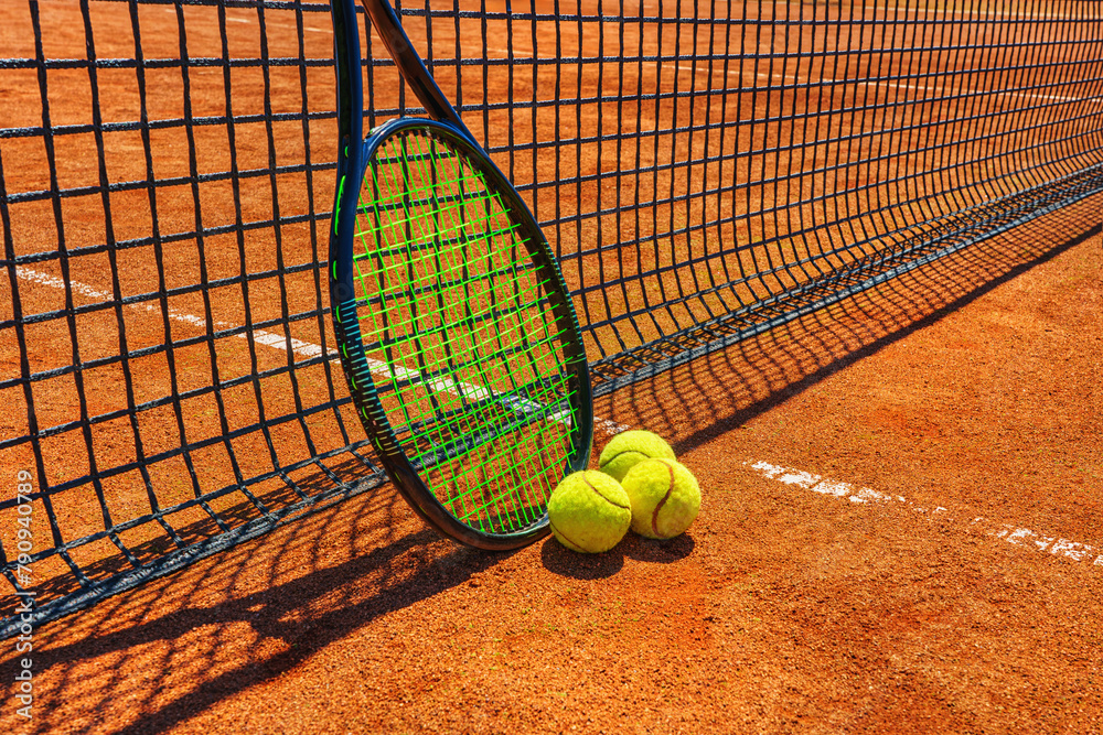  A yellow tennis ball and tennis racket lies on tennis net. Tennis court.