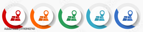 Gps, map, travel vector icon set, flat icons for logo design, webdesign and mobile applications, colorful round buttons