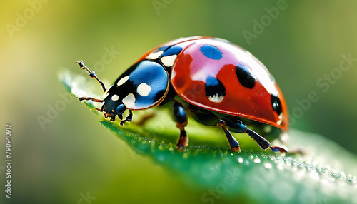 Close up macro photography of a stunning red ladybug on a beautiful green out of focus background