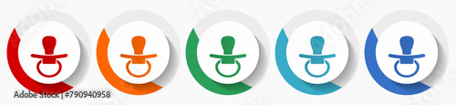 Pacifier, nipple vector icon set, flat icons for logo design, webdesign and mobile applications, colorful round buttons