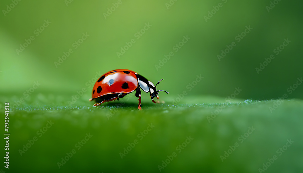 Close up macro photography of a stunning red ladybug on a beautiful green out of focus background
