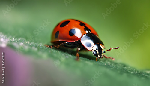 Close up macro photography of a stunning red ladybug on a beautiful green out of focus background © The A.I Studio