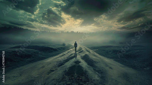 A person is standing on a dirt road under a cloudy sky photo