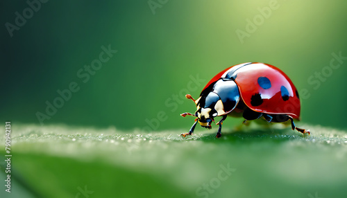 Close up macro photography of a stunning red ladybug on a beautiful green out of focus background