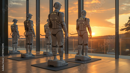 Futuristic Robots Overlooking Sunset Through Office Windows photo