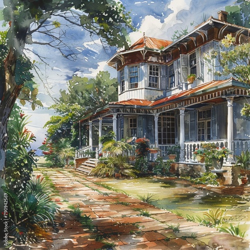 Handdrawn and painted scene of a colonialstyle house with a sweeping veranda and garden photo