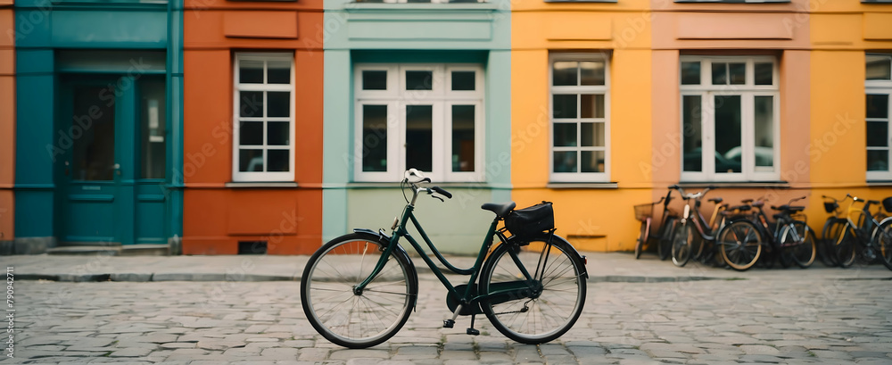 Copenhagen Commute: Retro Culture Photo of a Minimalist Bike in Front of Colorful Danish Buildings, Showcasing Danish Design in Vibrant Copenhagen