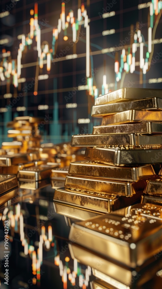 A stack of gold bullion with a stock chart reflecting off the surface, representing the impact of market movements on precious metals, 3D illustration