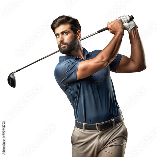 Focused male golfer swinging club on transparent background