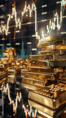 A stack of gold bullion with a stock chart reflecting off the surface  representing the impact of market movements on precious metals  3D illustration