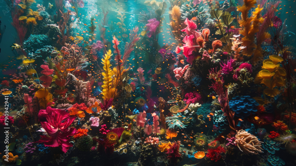 Rich in color and diversity, this underwater scene features vibrant corals and a variety of marine life swimming among them