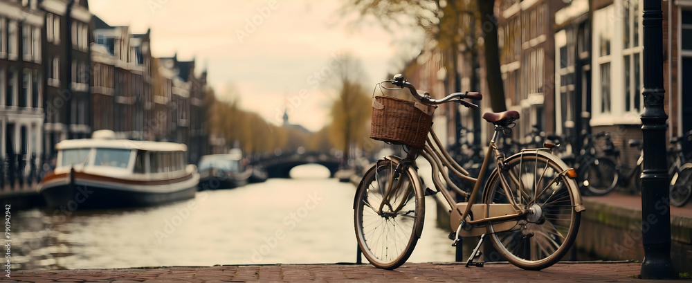 Traditionele Nederlandse Fietsdagen: Een klassieke Nederlandse fiets tegen de achtergrond van de grachtenpanden van Amsterdam. in Retro Culture Foto Stock Concept