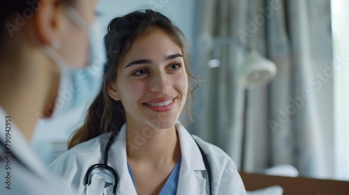 Portrait of young smiling female doctor or nurse with stethoscope in hospital, healthcare concept