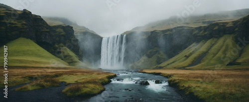 Icelandic Waterfalls Mist - A mesmerizing view of Iceland's waterfalls immersed in a mystical mist during the rain season. Nordic elements come alive in this breathtaking photo stock concept. photo