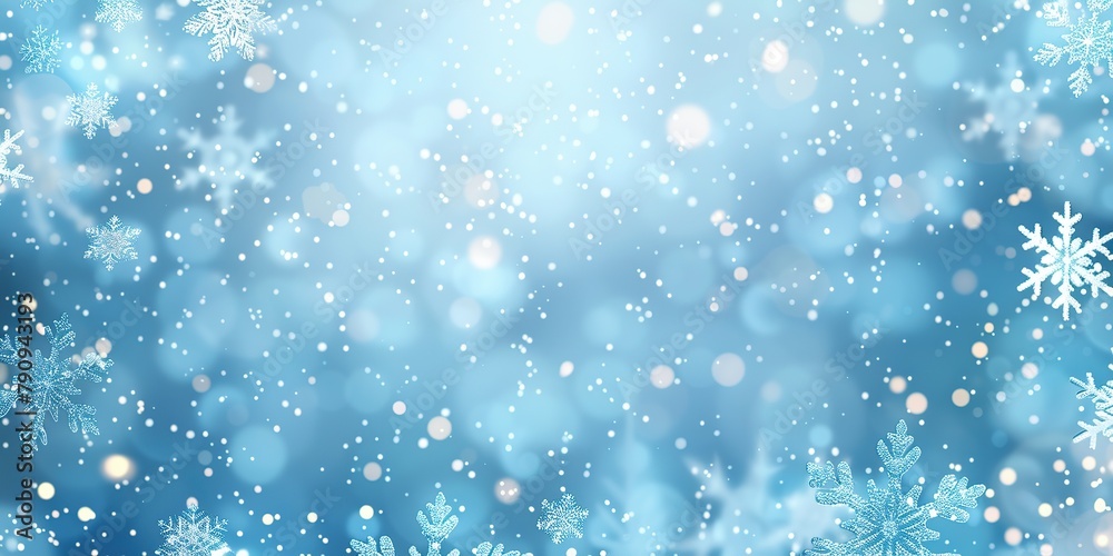 Blue winter background with snow, snowflakes, bokeh. Random falling snow flakes wallpaper. Snowfall many dust freeze granules. Sky white teal blue backdrop. Christmas poster. Xmas cian colored banner