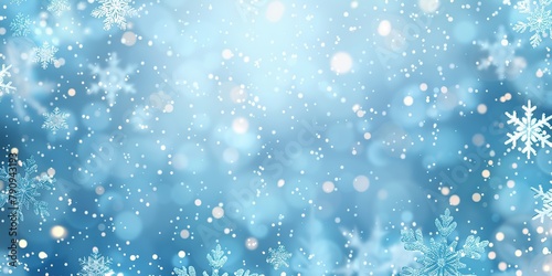 Blue winter background with snow, snowflakes, bokeh. Random falling snow flakes wallpaper. Snowfall many dust freeze granules. Sky white teal blue backdrop. Christmas poster. Xmas cian colored banner