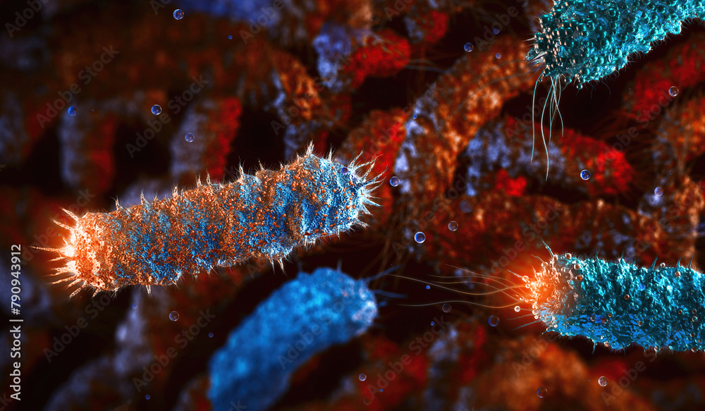 Pathogenic rodshaped e.coli salmonella bacteria medical background. Germ, bacterial infection