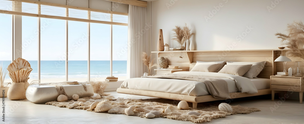 Coastal Comfort: Relaxing Beach Themed Bedroom with Seashell Collection in Realistic Interior Design and Nature Photography Coastal Comfort: Relaxing Beach Themed Bedroom with Seashell Collection in Realistic Interior Design and Nature Photography