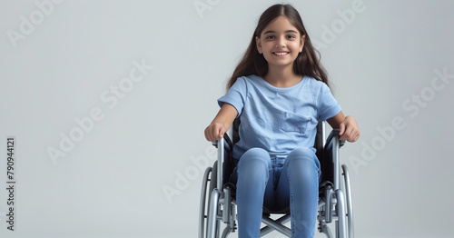 Happy teenage girl wearing blue T-shirt in wheelchair on white background