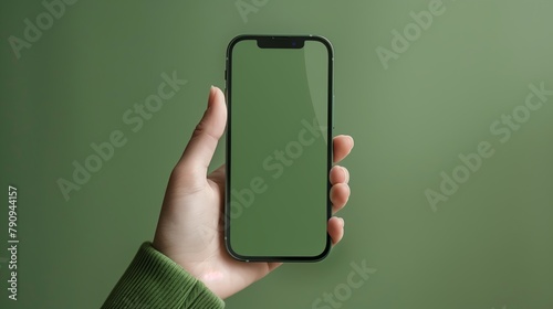 Close-up of hand holding a smartphone olive screen is blank the background is olive blurred.Mockup.
