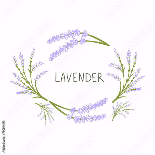 Lavender wreath card, Flowers decor greeting. Vintage bouquets and Provence