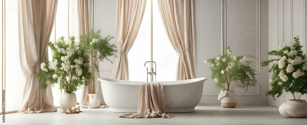 Minimalist Ethereal Elegance: Light Draperies and Delicate Jasmine in Realistic Interior Design with Nature Photo Stock