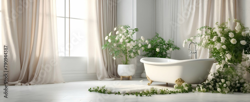 Serene Bathroom Retreat: Delicate Draperies and Jasmine Plant for Ethereal Elegance - Interior Design and Nature Concept © Gohgah