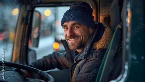 Happy professional middle age truck driver driving his truck and looking at camera. Copy space. © anatoliycherkas