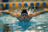 Male Swimmer Swimming in Swimming Pool. Professional Determined Athlete Training for the Championship, using Butterfly Technique. Dynamic Fit Young Man in Cap Performing the Butterfly Stroke at Pool.