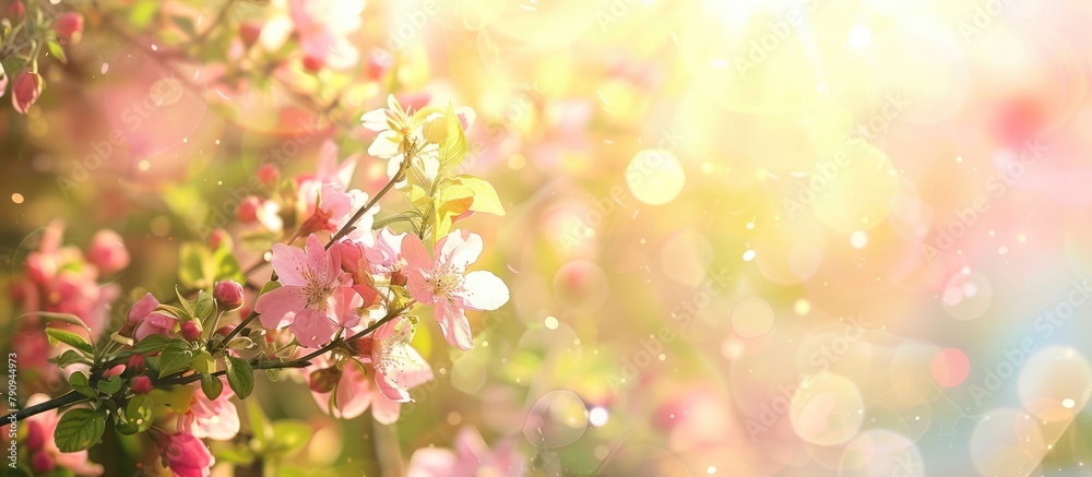 Artistic spring border or background featuring pink blossoms, capturing the beauty of nature with a blooming tree and radiant sun.