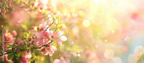Artistic spring border or background featuring pink blossoms, capturing the beauty of nature with a blooming tree and radiant sun.