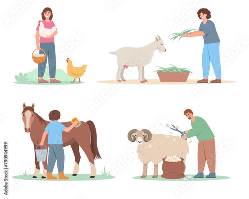Set of farming people taking care of domestic farm animals. Farmers workers with hens, goat, horse and sheep. Agricultural scenes isolated on white background. Vector illustration.