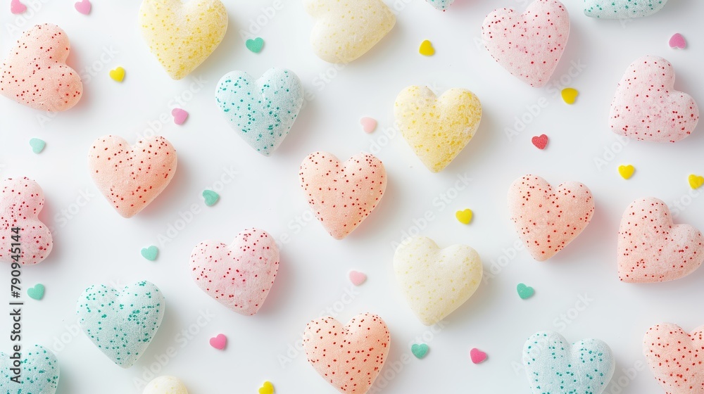 Flat lay of colorful pastel candy hearts on white background, pattern dessert Flat lay of colorful pastel candy hearts on white background, pattern dessert