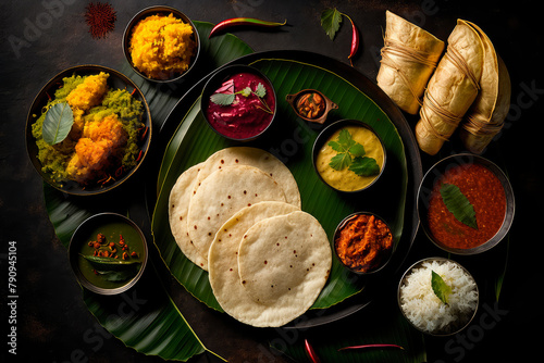 group of South Indian dishes served on banana leaves with colorful chutneys, dark black background Generative AI, photo