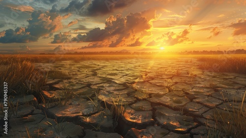 A cracked, sun-baked ground stretching to the horizon, a stark portrayal of nature's merciless wrath. photo