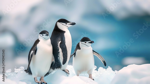 Chinstrap Penguins on icy terrain portraying wildlife camaraderie in a snowy habitat.