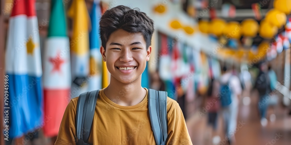 Naklejka premium Smiling Young Asian Student Exploring Vibrant Urban Culture for Future Opportunities
