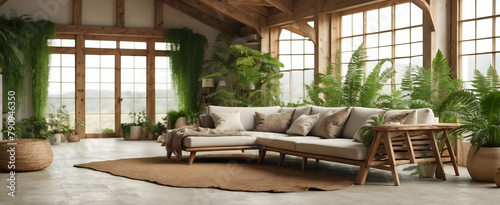 Rustic Relaxation: A Realistic Interior Design Featuring Exposed Beams and a Sunroom Filled with Ferns