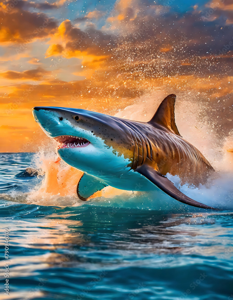 Fototapeta premium Great White Shark Leaping at Sunset