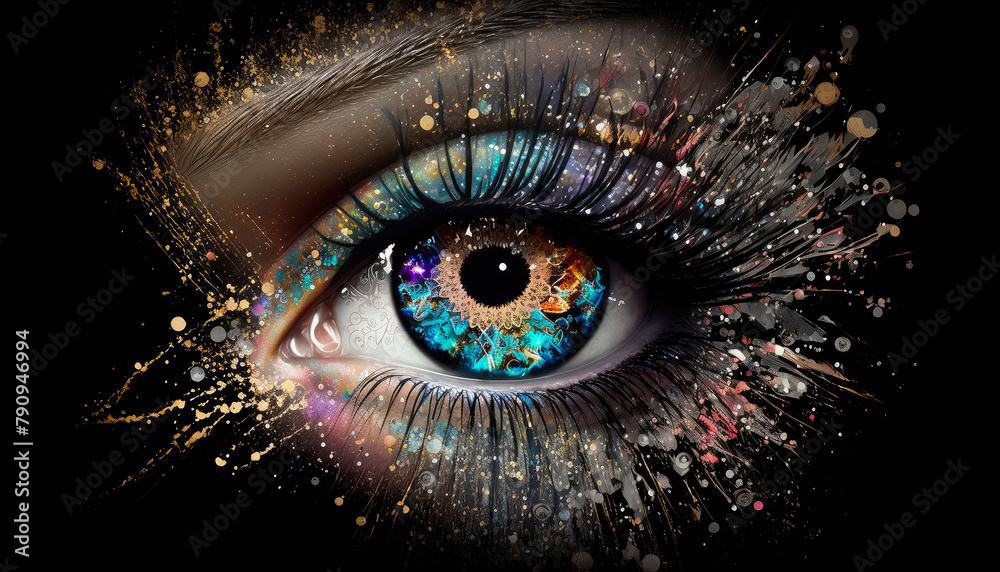 Eye on a black background and a lot of glitter makeup. Generative AI, Eye on a black background and a lot of glitter makeup. Generative AI,