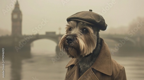 British Yorkshire dog as a detective solving mysteries in a foggy London setting wearing a trench coat and cap photo