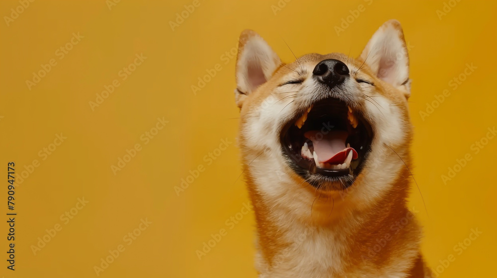Happy dog smiling and laughing isolated on yellow background