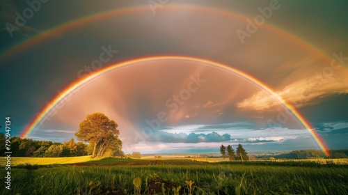 A double rainbow arching gracefully over a serene countryside  creating a magical and awe-inspiring sight in the heavens above.