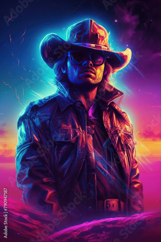 Portrait of a space cowboy. Retrowave.