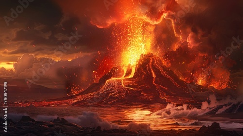 A dramatic eruption of molten lava from the crater of a volcano, showcasing the raw power and intensity of nature's fury.