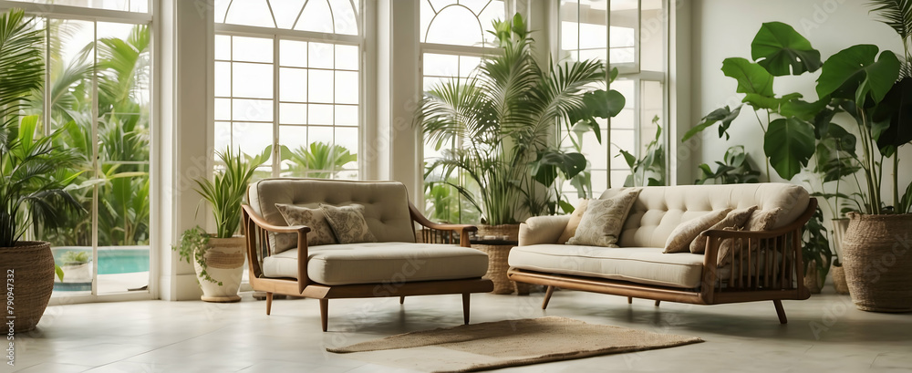Minimal Vintage Living Room with Antique Furnishings and Conservatory with Tropical Plants in Realistic Interior Design - Nature Photo Stock Concept
